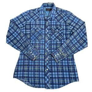 Vintage Pearl Snap Western Shirt Blue Plaid Long Tail Distressed Faded Flannel